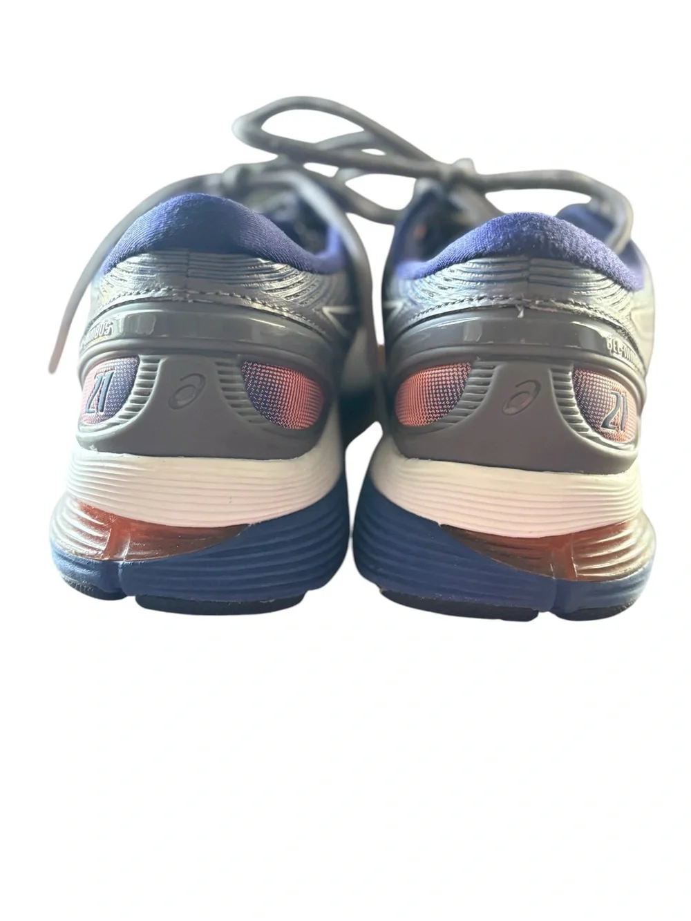 ASICS Woman’s Gray and Navy Running Shoes with Coral Highlights